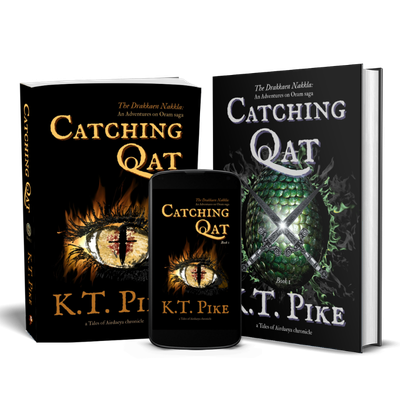 Catching Qat by K.T. Pike 3D books depicting a golden cat eye with dagger on the paperback and digital versions, and a scaled green egg with crossed daggers on the hardcover version.